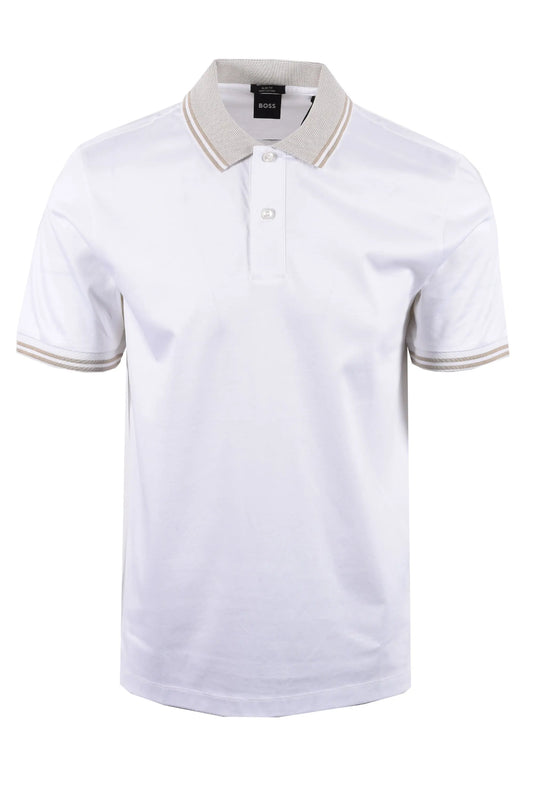 White BOSS polo shirt with beige trim on a white background