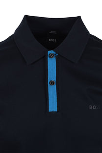 Close up of the Boss black H Phillipson with blue coloured placket and collar detailing on a polo shirt in the colour dark blue
