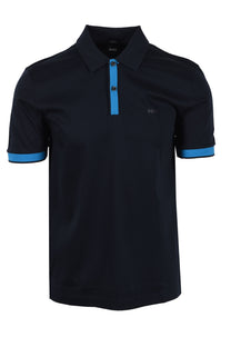 Boss H Phillipson 200 polo in dark blue with contrasting blue placket and cuffs photographed on a white background