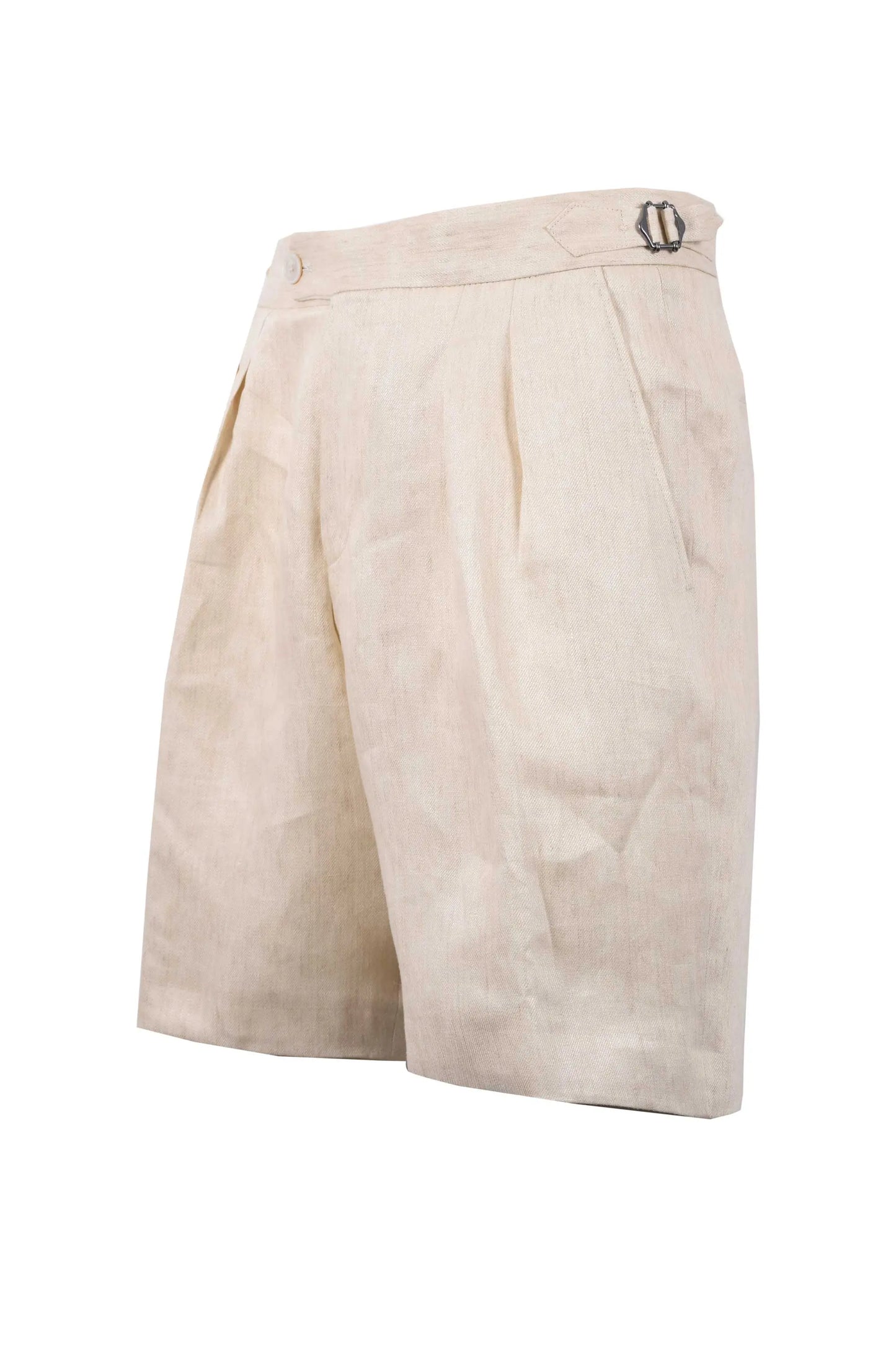 Side picture of the Boss black linen shorts in beige, it shows the pleating on the shorts, the pockets and the side clasps closure.