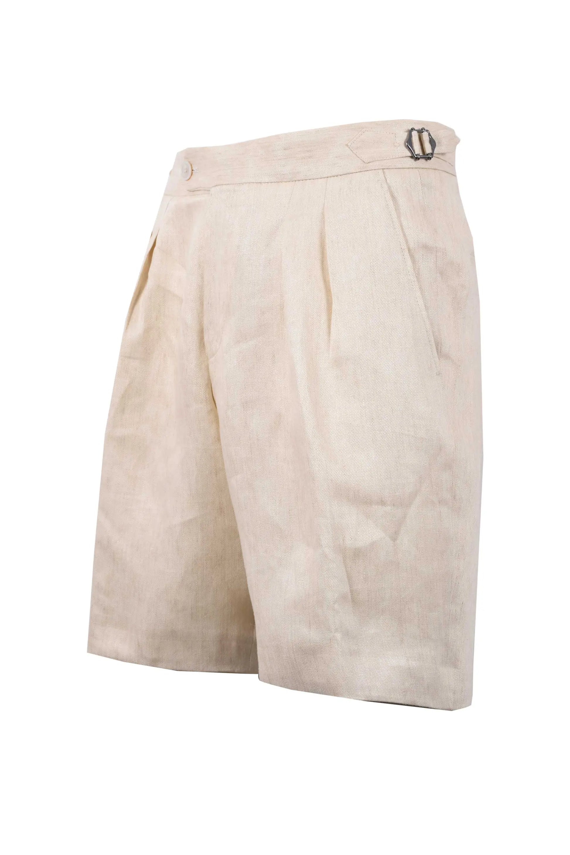 Side picture of the Boss black linen shorts in beige, it shows the pleating on the shorts, the pockets and the side clasps closure.