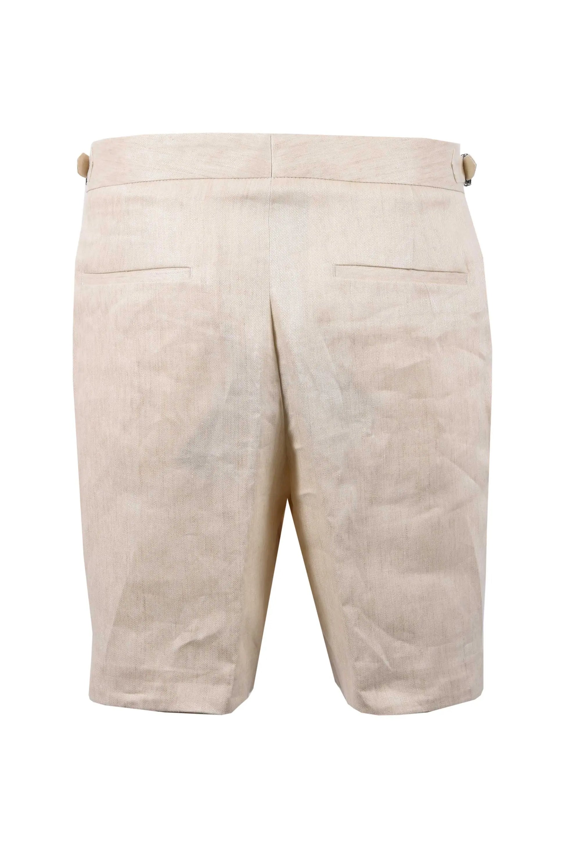 The back of a pair of Boss black Linen shorts, Shows the pockets and the waist.