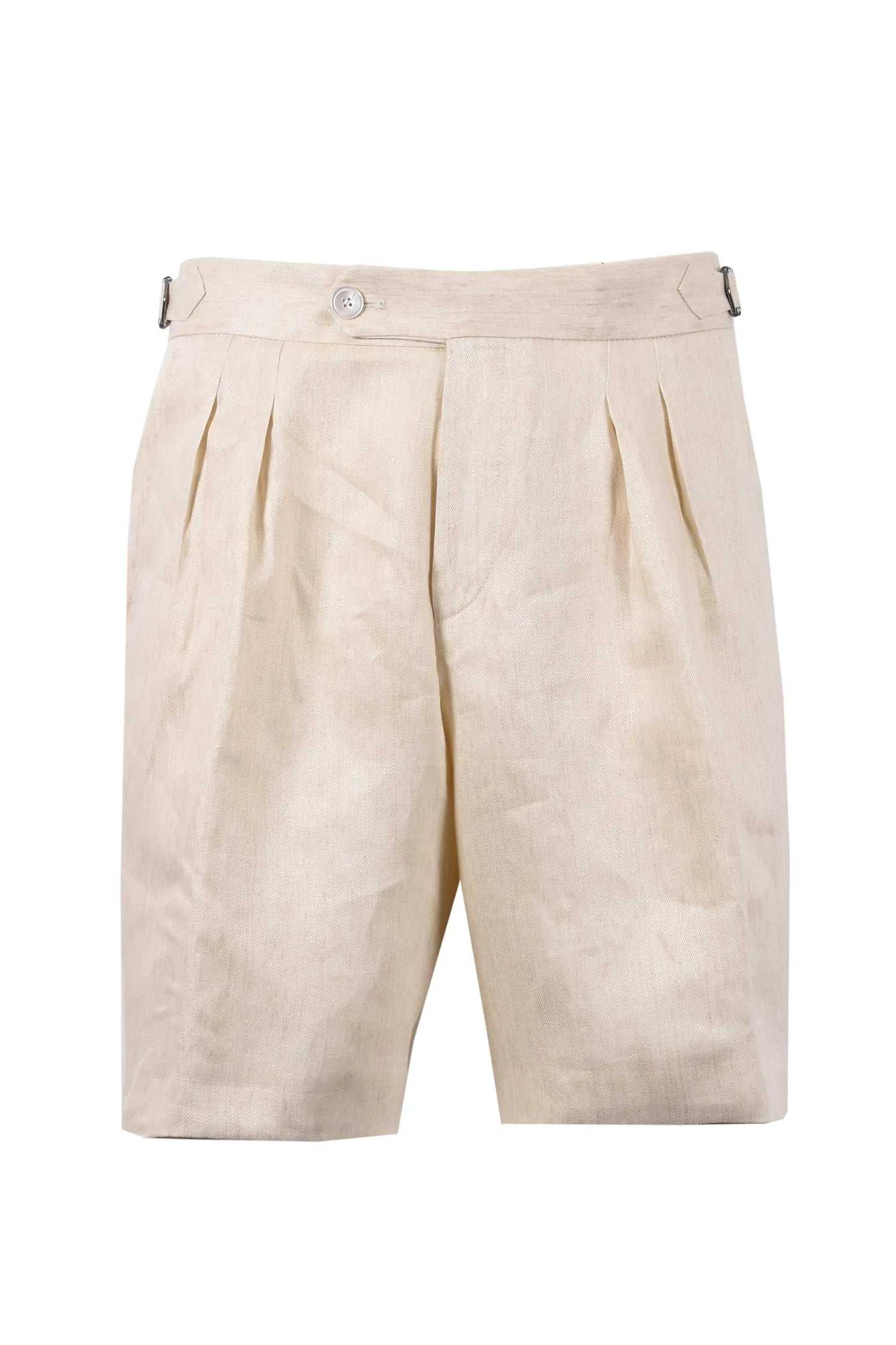 Full image of a Boss Black perin shorts in a beige coloured linen fabric on a white background