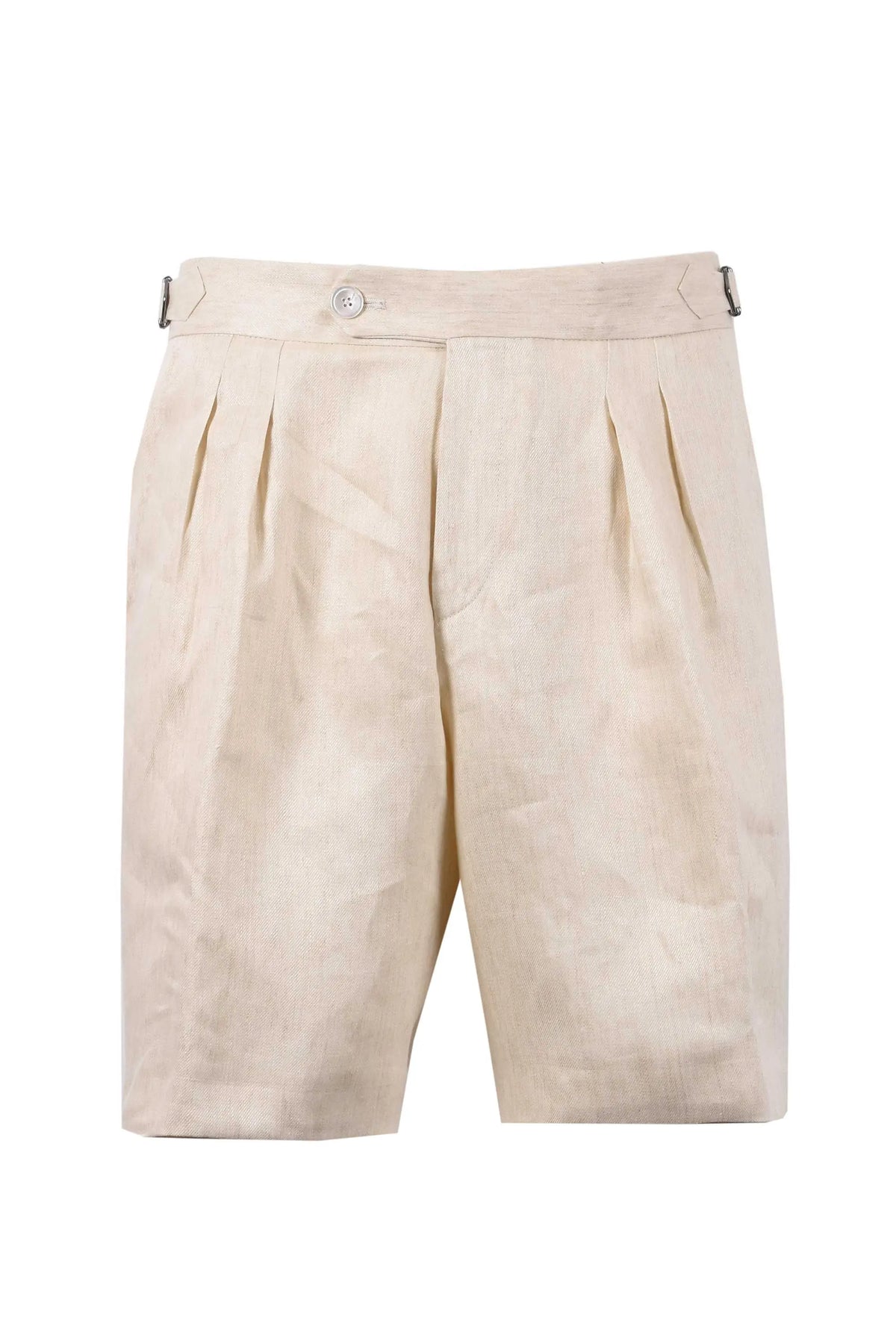 Full image of a Boss Black perin shorts in a beige coloured linen fabric on a white background
