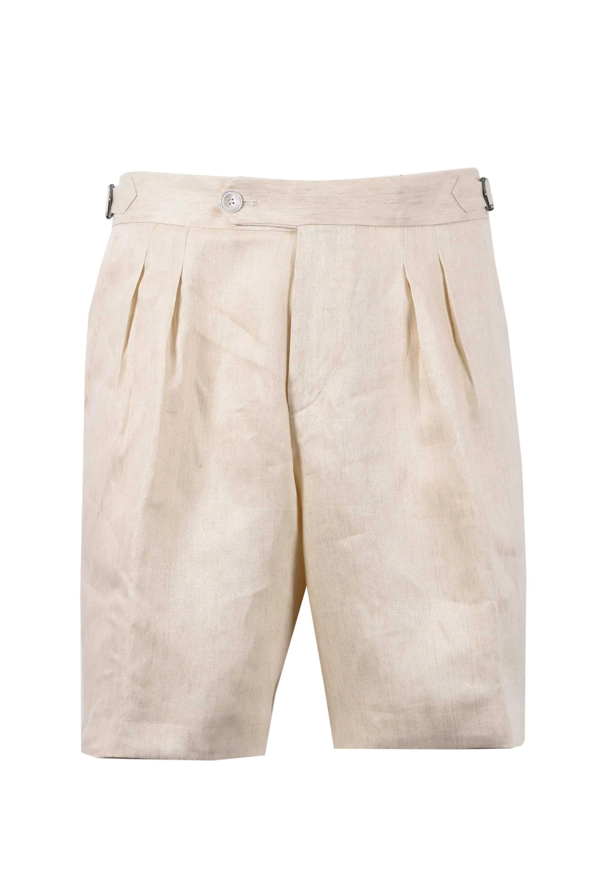 Full image of a Boss Black perin shorts in a beige coloured linen fabric on a white background