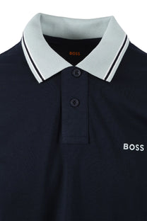 Navy blue polo shirt with light gray collar and 'BOSS' branding.