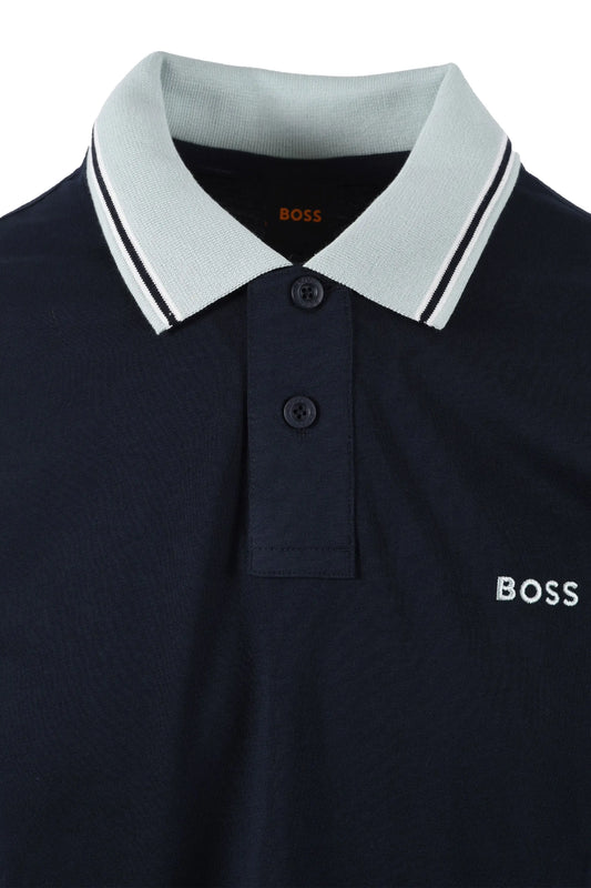 Navy blue polo shirt with light gray collar and 'BOSS' branding.