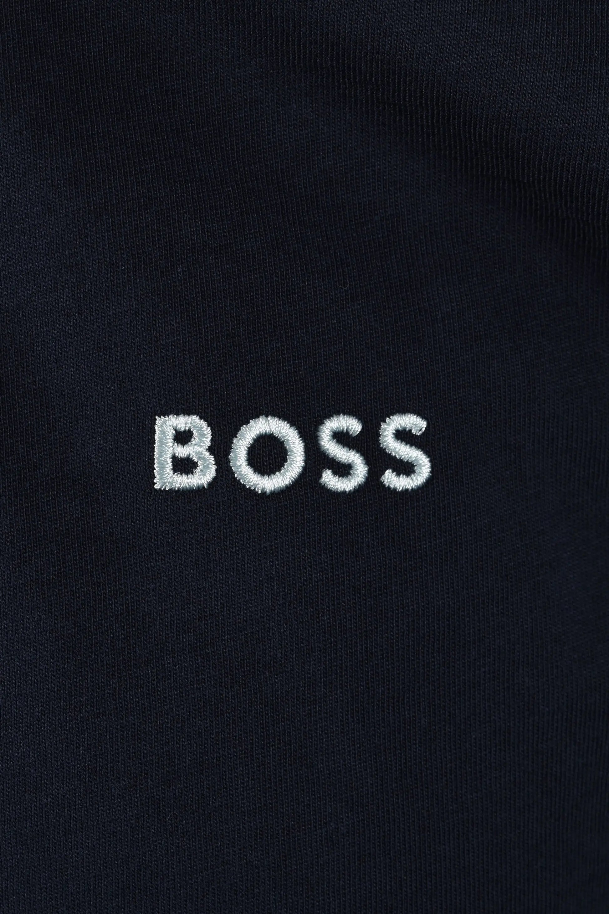 Close-up of a navy fabric with 'BOSS' embroidered in white.