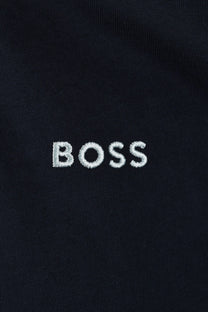 Close-up of a navy fabric with 'BOSS' embroidered in white.