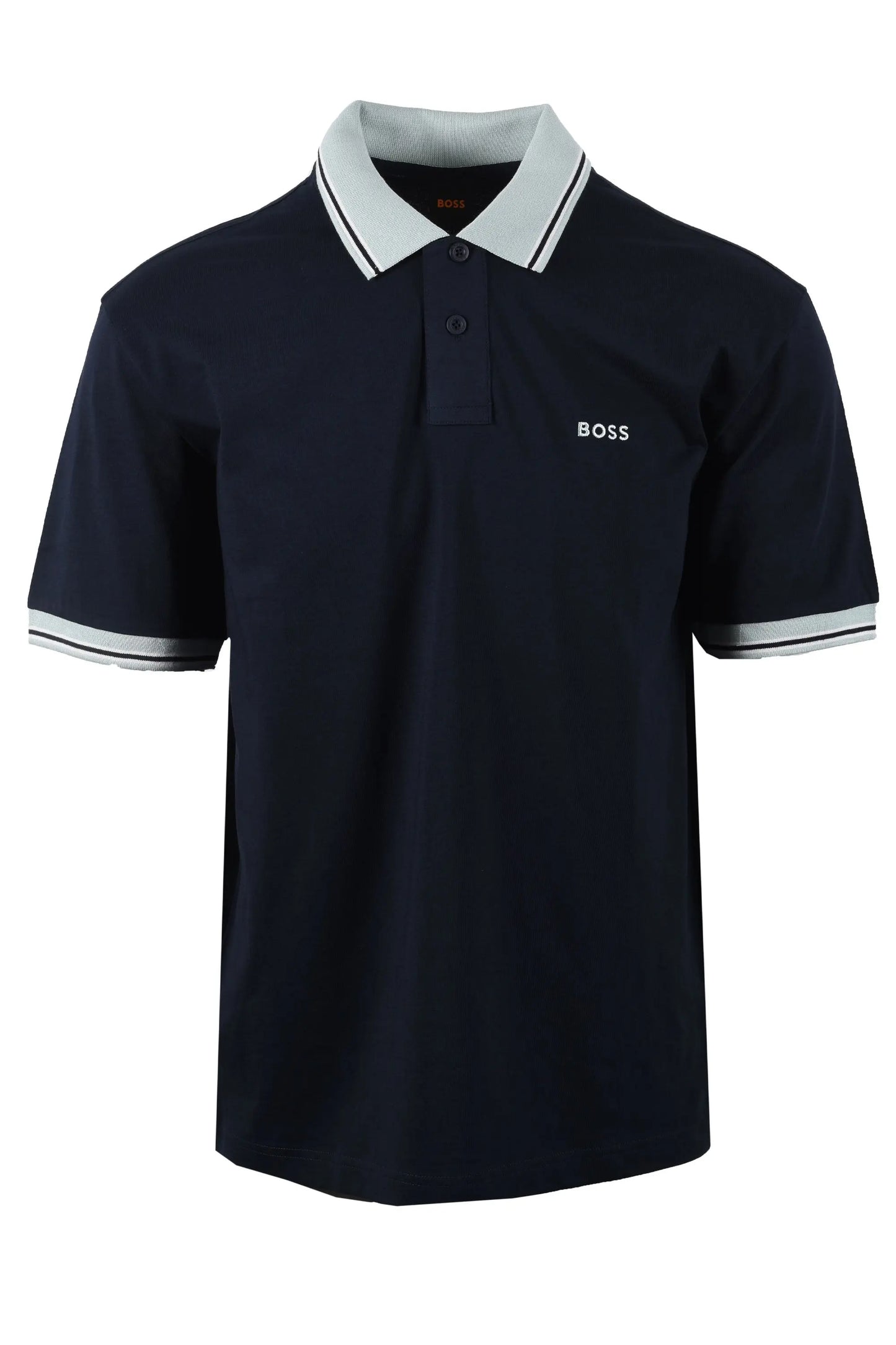 Navy blue boss polo shirt with light blue collar and trim on a white background