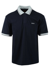 Navy blue boss polo shirt with light blue collar and trim on a white background