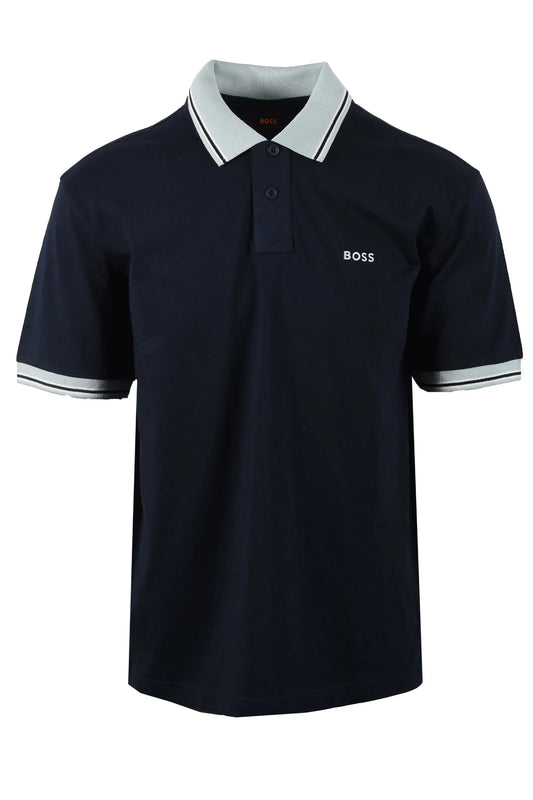 Navy blue boss polo shirt with light blue collar and trim on a white background