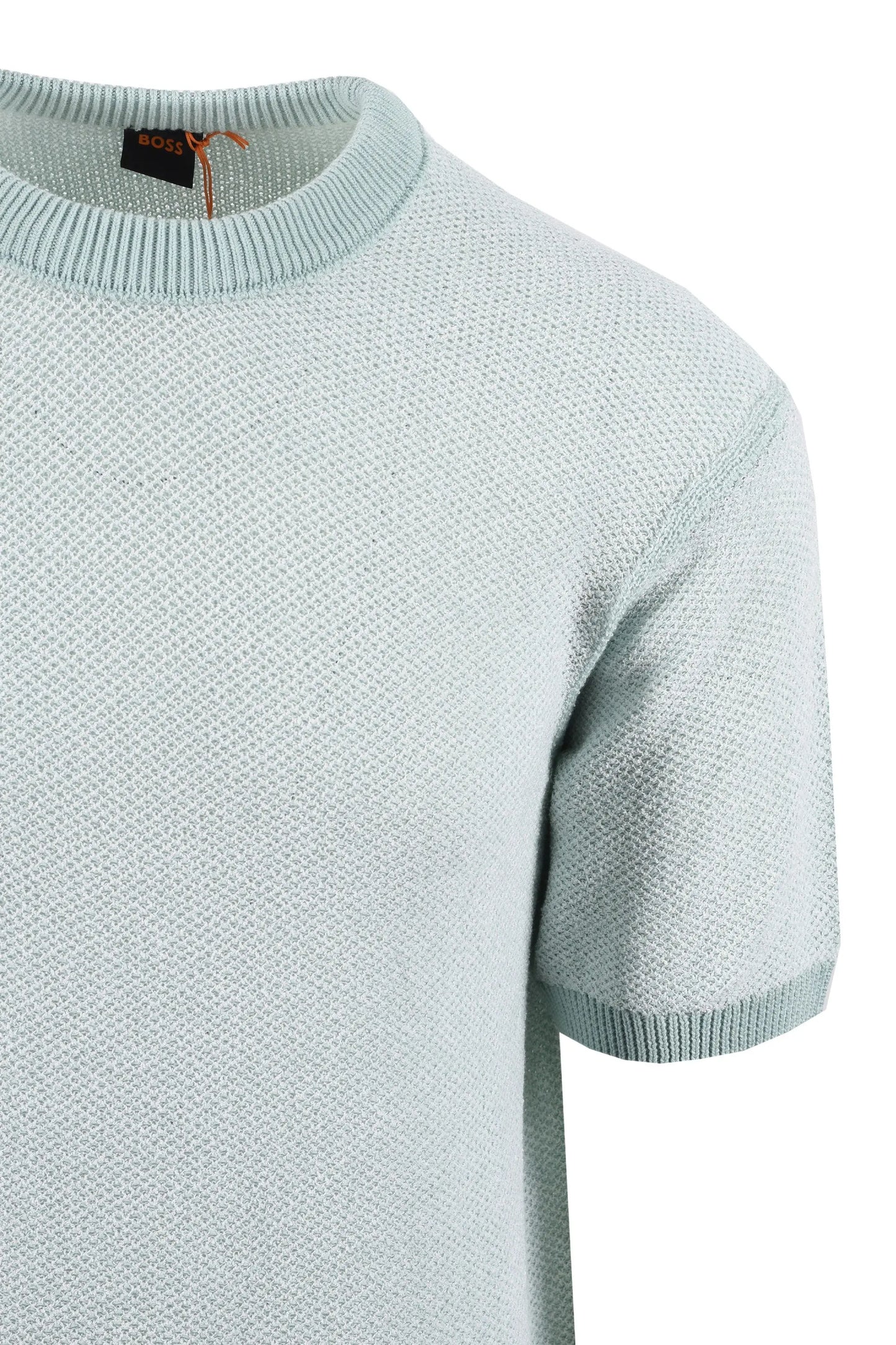 Light blue short-sleeve knit boss t-shirt on a white background