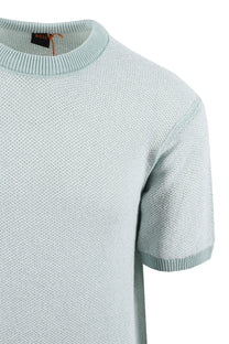 Light blue short-sleeve knit boss t-shirt on a white background