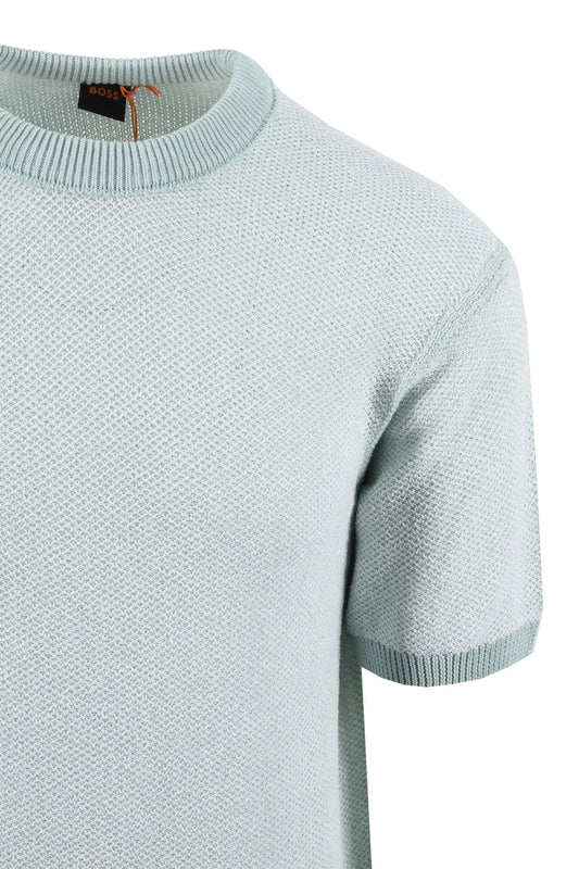 Light blue short-sleeve knit boss t-shirt on a white background