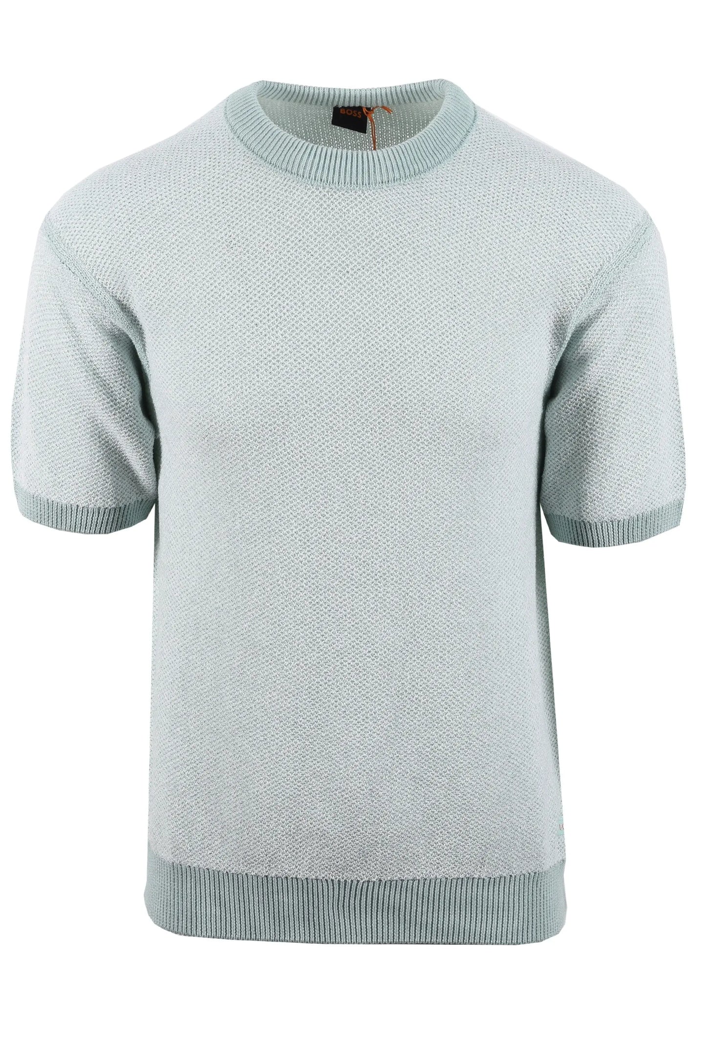 Light blue short-sleeve knitted BOSS t-shirt on a white background