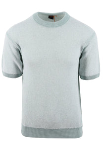 Light blue short-sleeve knitted BOSS t-shirt on a white background