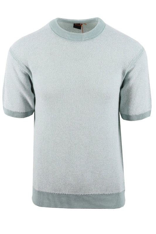 Light blue short-sleeve knitted BOSS t-shirt on a white background