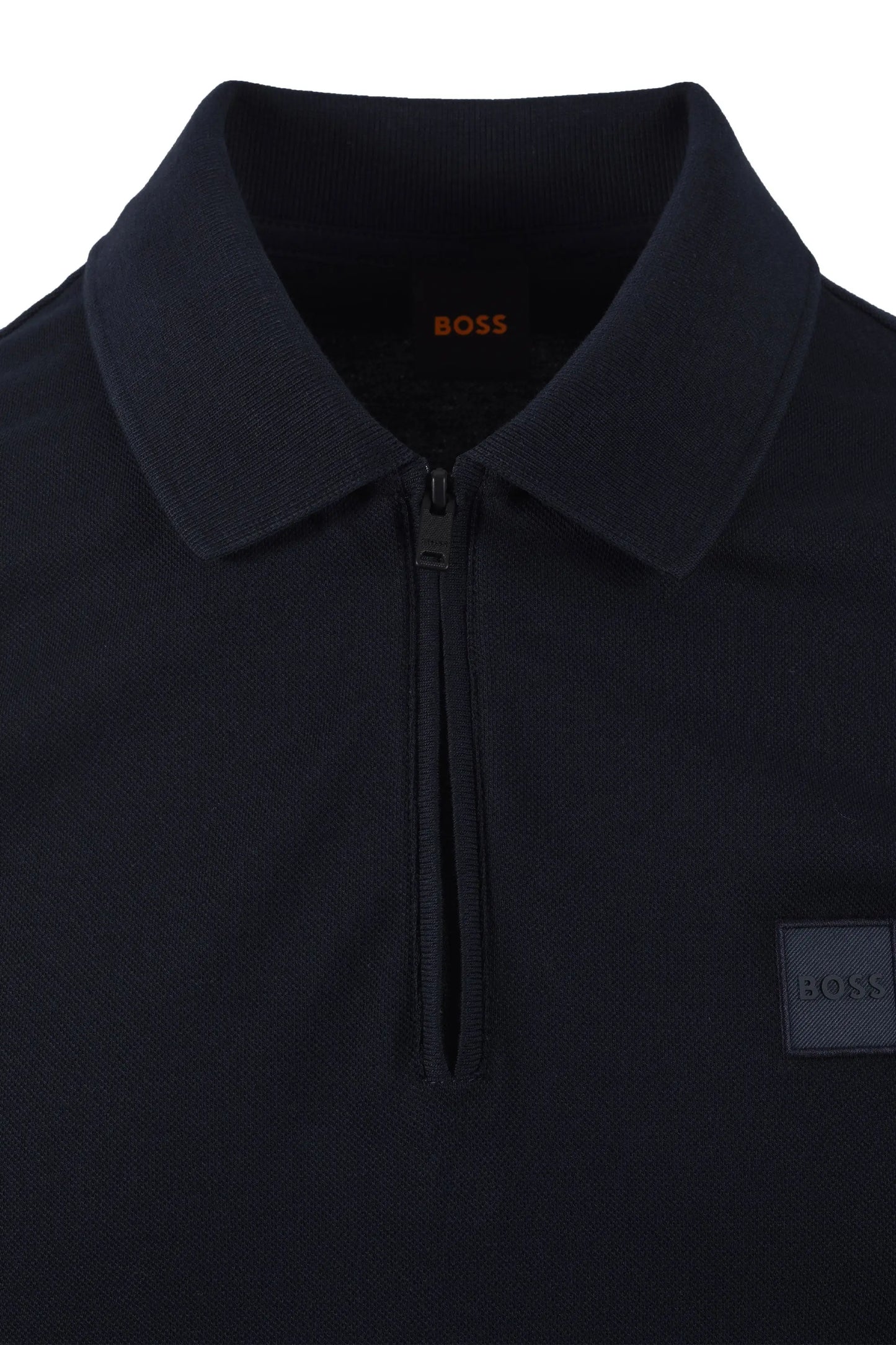 Navy blue polo shirt with a BOSS logo on a white background