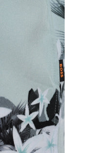 Close-up of a shirt with a floral pattern and a visible 'BOSS' brand label.