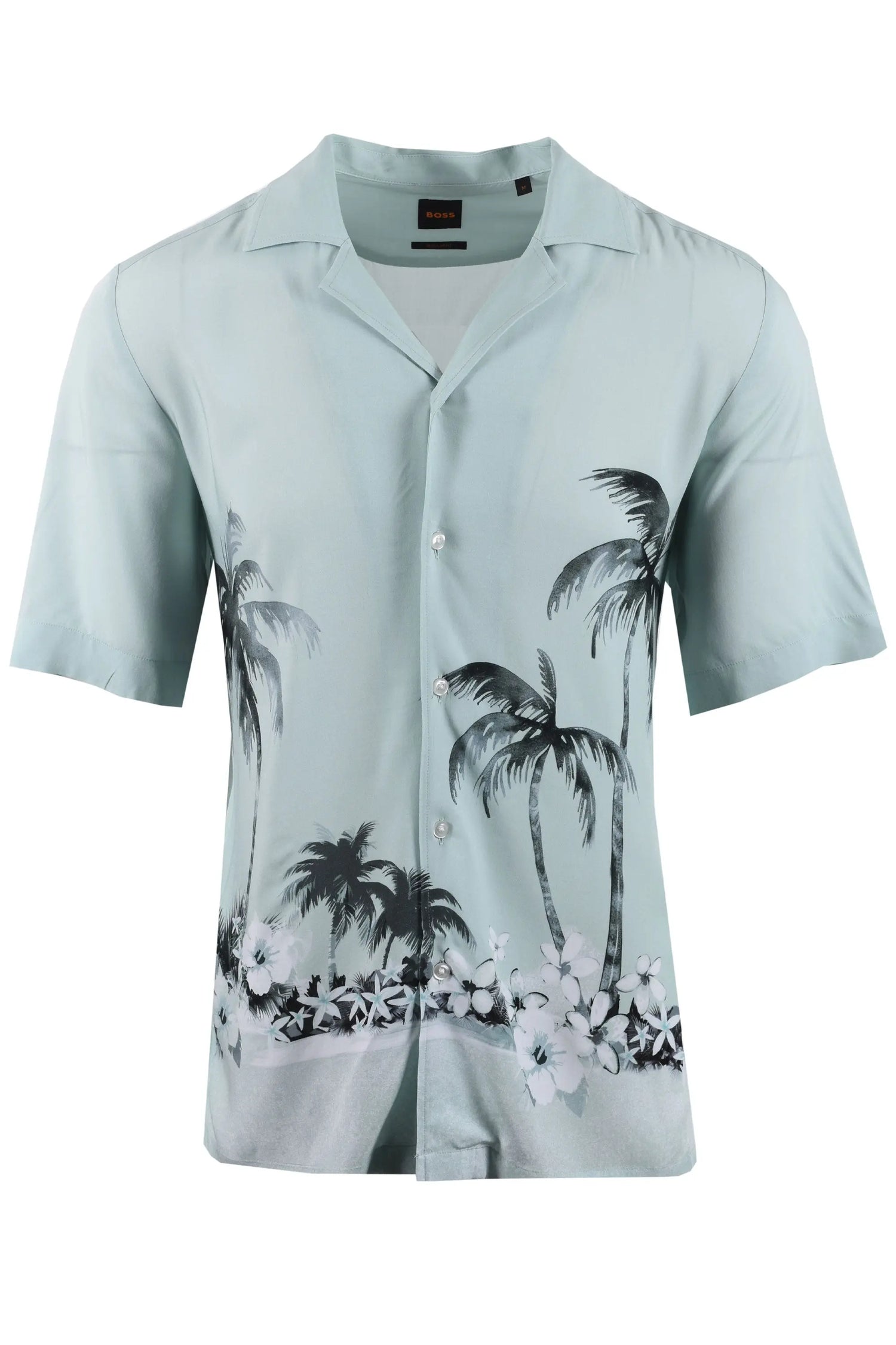 Light blue boss shirt with palm tree and flower design on a white background