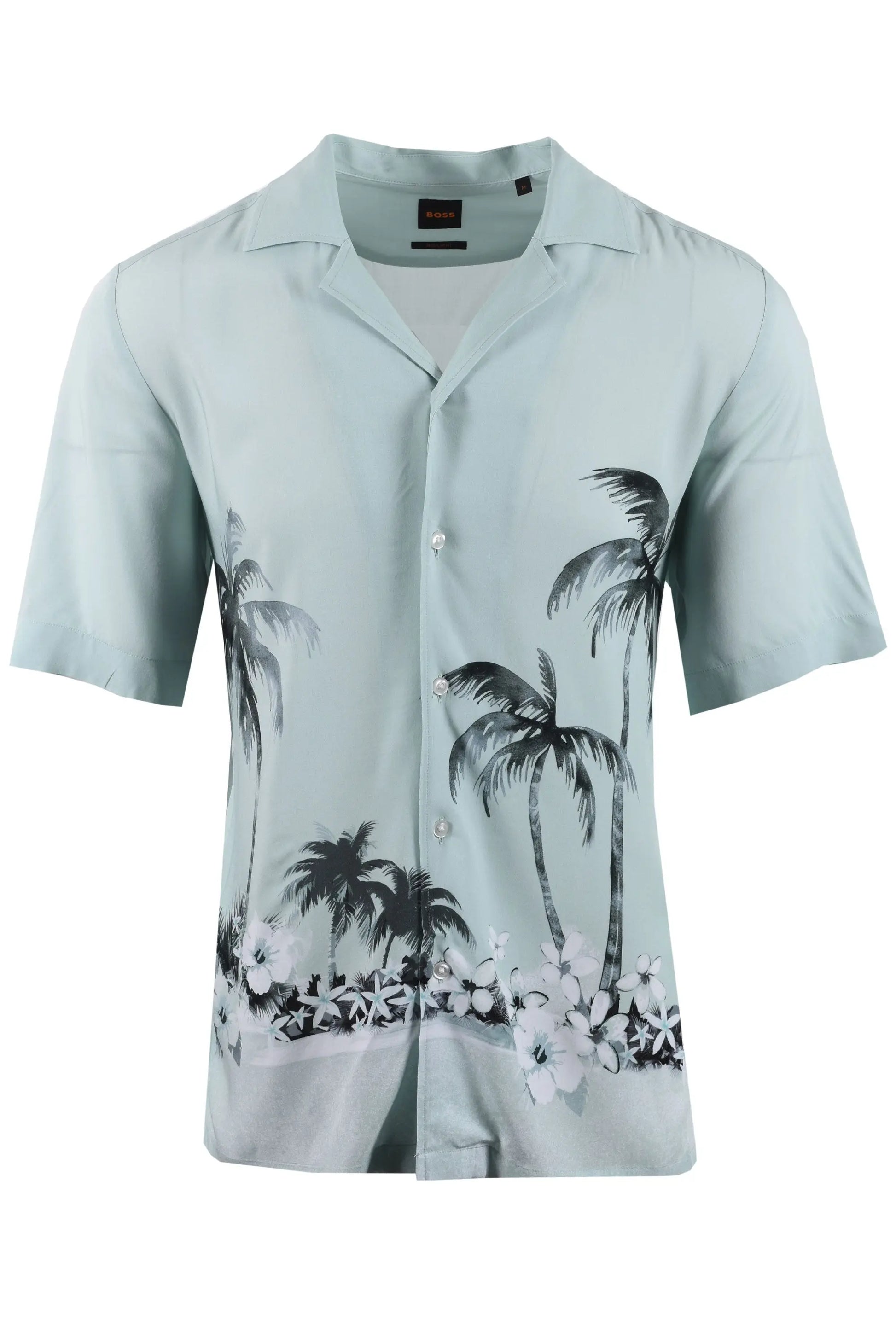 Light blue boss shirt with palm tree and flower design on a white background