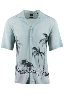 Light blue boss shirt with palm tree and flower design on a white background