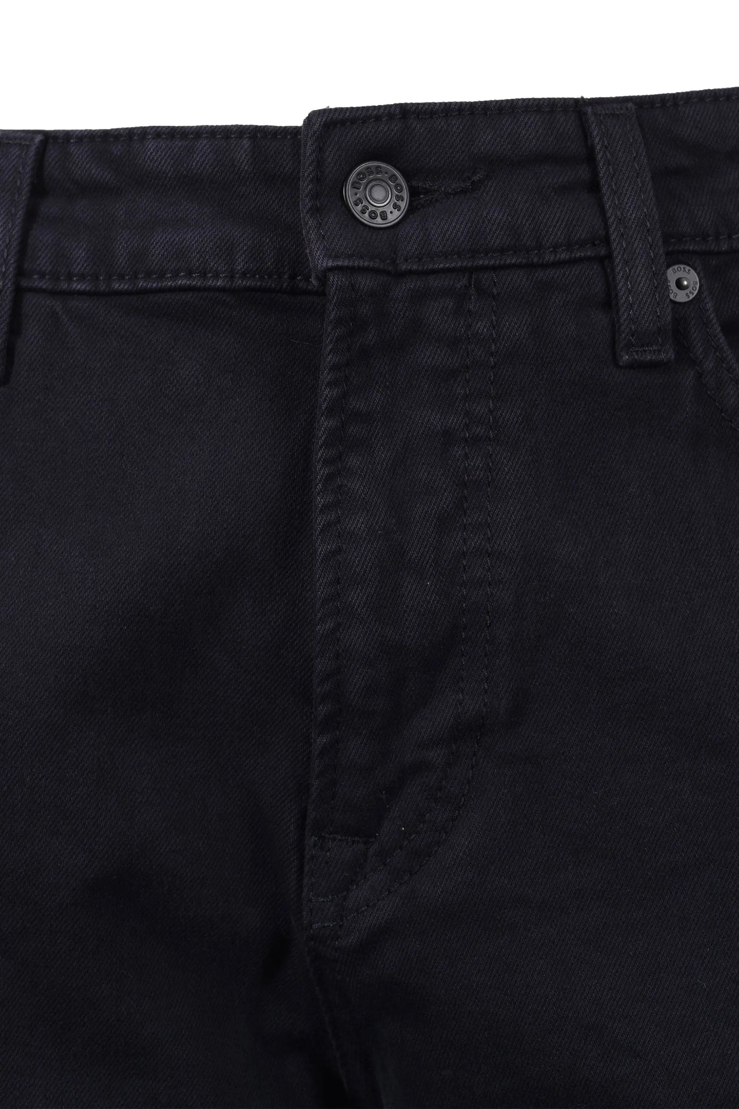 Close-up of dark blue BOSS pants with a button and stitching detail on a white background