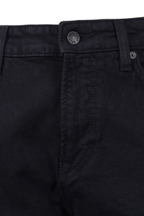 Close-up of dark blue BOSS pants with a button and stitching detail on a white background
