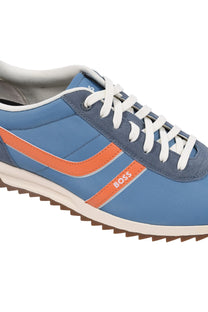 Side angle of the blue and orange Boss Orange Zayn trainers. Shows a close up of the stripe pattern on the side and the Boss branding of the side of the shoe.
