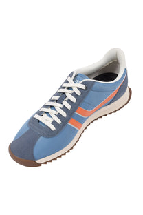 A top angle picture of some Boss Orange Zayn trainers in blue and orange. Shows the white laces and the rubber sole.