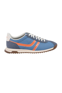 Full Side angle of the Boss Orange Zayn trainers in the colours blue and orange on a white background.