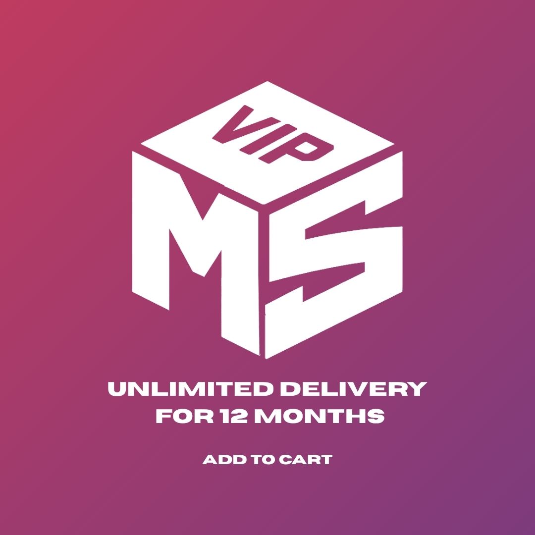 White 'VIP MSA' logo on a gradient purple background with text about unlimited delivery for 12 months.