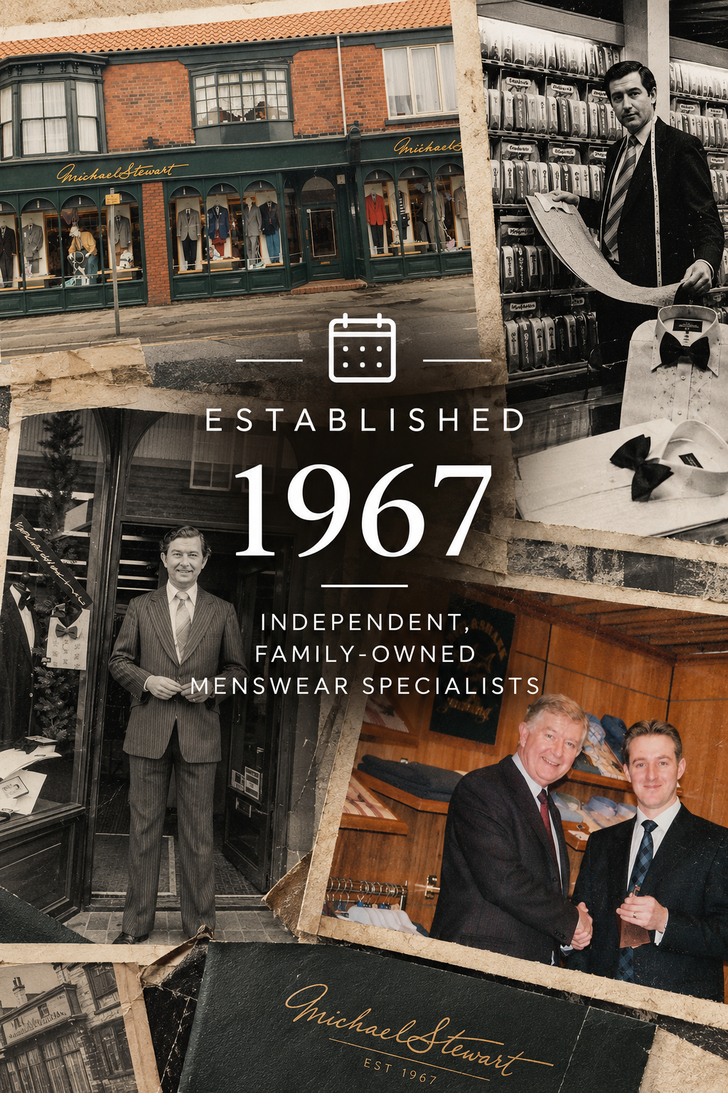 A collage-style promotional graphic for Michael Stewart menswear, featuring vintage black-and-white photos of shopfronts, customers, and suit displays, with large text reading 'ESTABLISHED 1967' and smaller text 'INDEPENDENT, FAMILY-OWNED MENSWEAR SPECIALISTS.'.