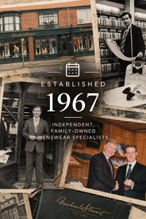 A collage-style promotional graphic for Michael Stewart menswear, featuring vintage black-and-white photos of shopfronts, customers, and suit displays, with large text reading 'ESTABLISHED 1967' and smaller text 'INDEPENDENT, FAMILY-OWNED MENSWEAR SPECIALISTS.'.