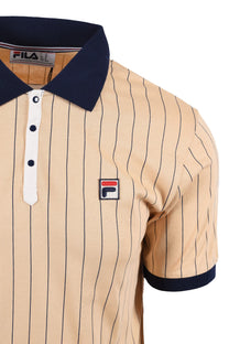 Side picture of the Fila classic BB1 striped polo in beige. It has a press stud button placket, retro stripped patterned fabric and the Fila embroidered logo at the chest.