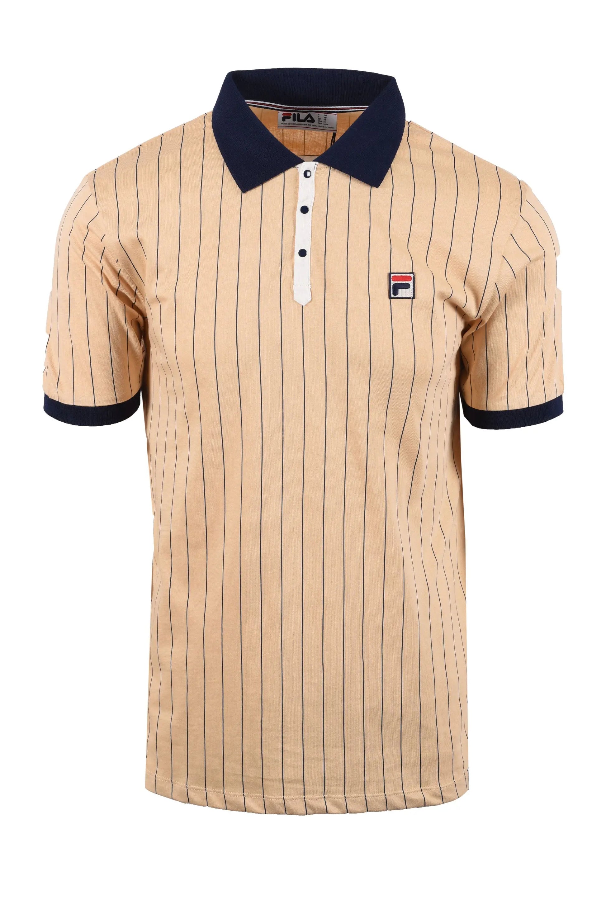 Full front picture of the Fila classic BB1 stripped polo in beige it has stripped fabric on the polo as well as a bold navy collar and cuffs.
