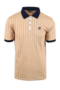 Full front picture of the Fila classic BB1 stripped polo in beige it has stripped fabric on the polo as well as a bold navy collar and cuffs.