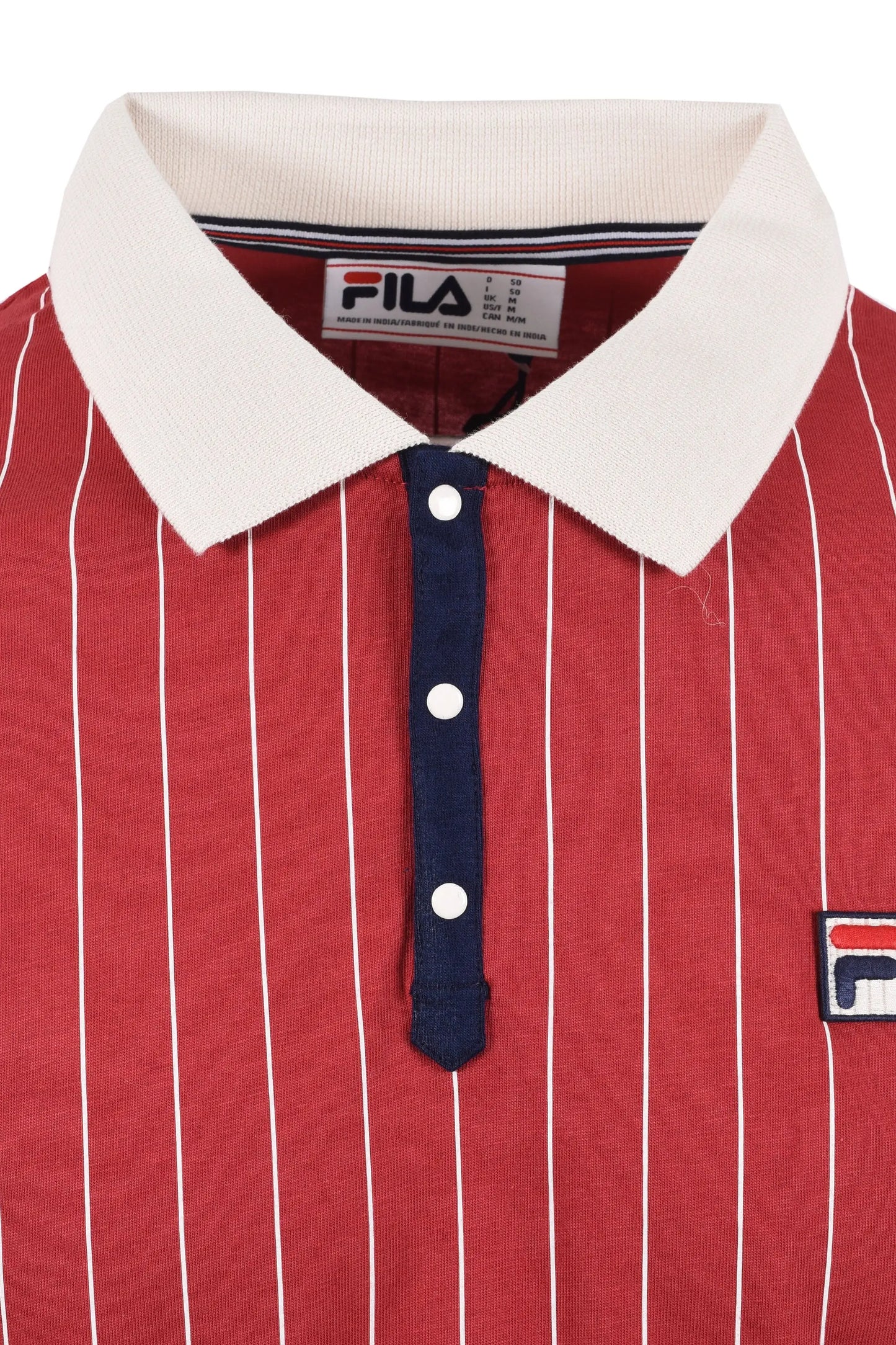 Close up of the Press stud placket on a classic Fila BB1 stripped polo