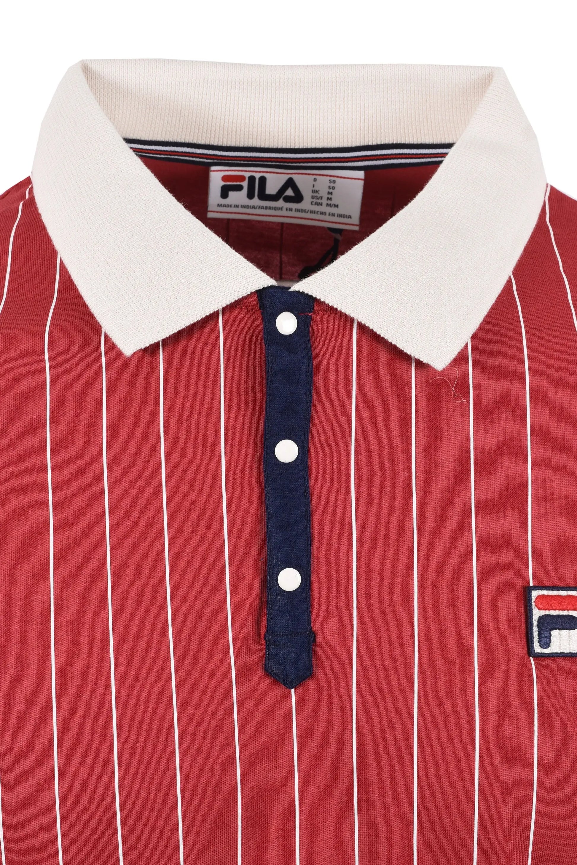 Close up of the Press stud placket on a classic Fila BB1 stripped polo