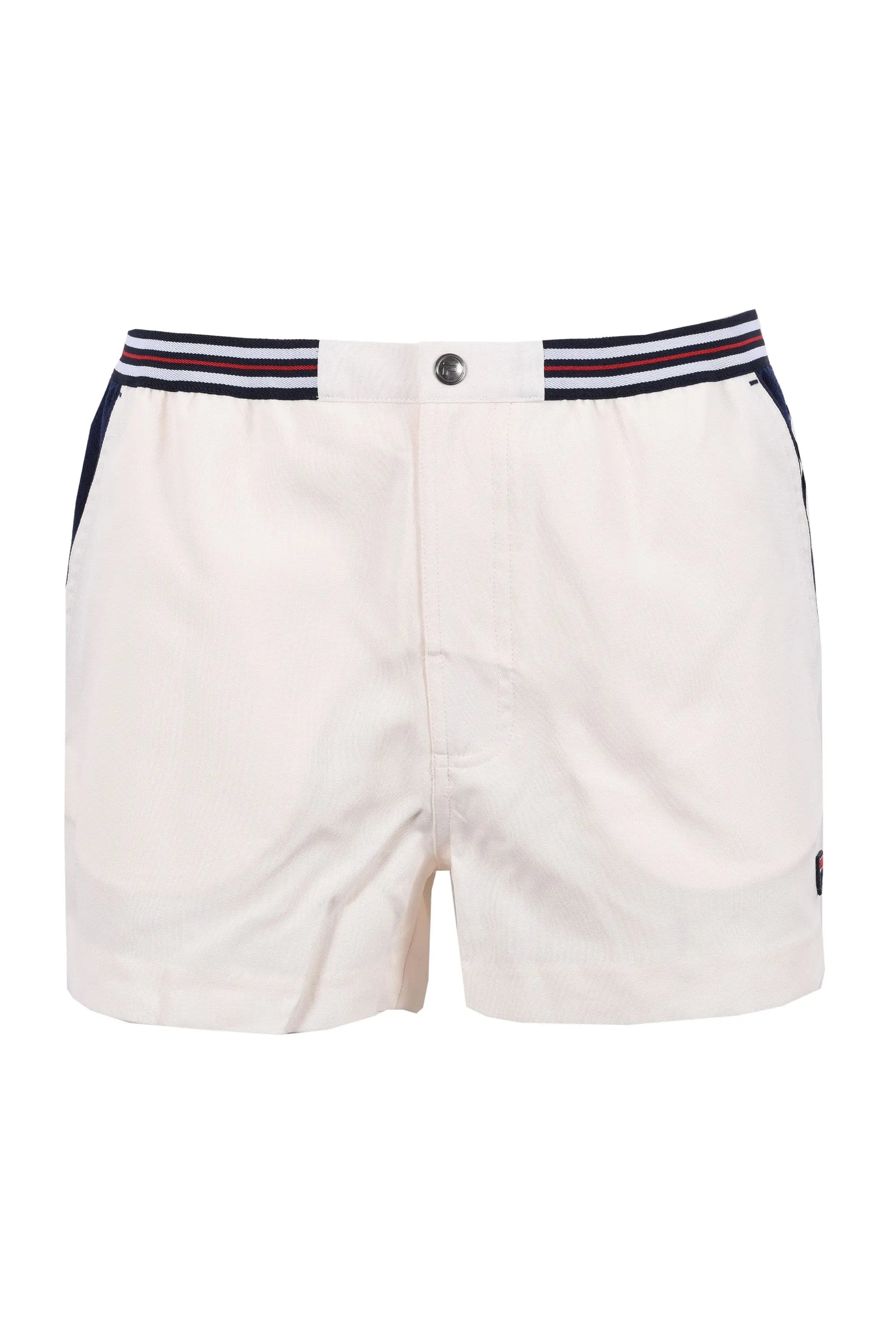 Full picture of the Fila hightide terry pocket stripe waistband shorts in a gardenia colour.