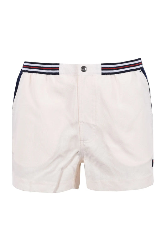 Full picture of the Fila hightide terry pocket stripe waistband shorts in a gardenia colour.