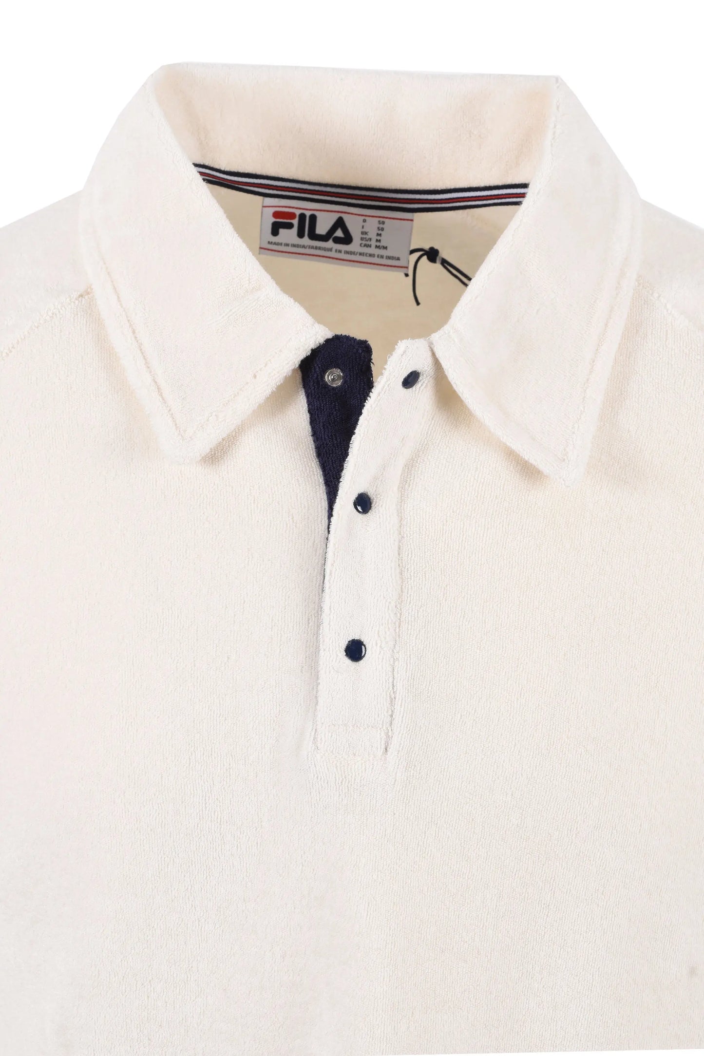 Close up of the Fila logo in the collar of the polo and of the collar and placket of the polo.