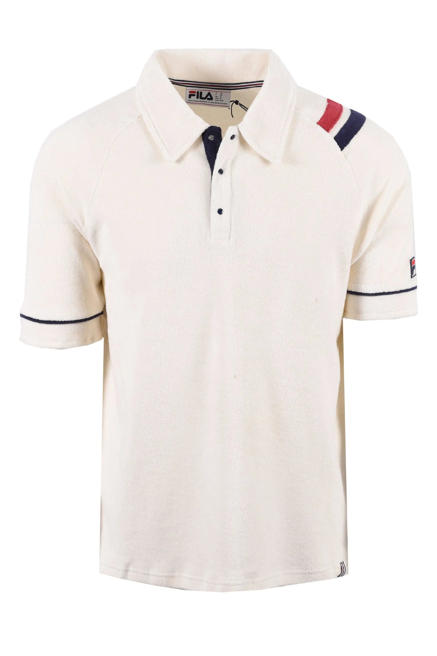 Full length photograph of the Fila Massimo Terry polo showing the bold twin stripes on the left shoulder.