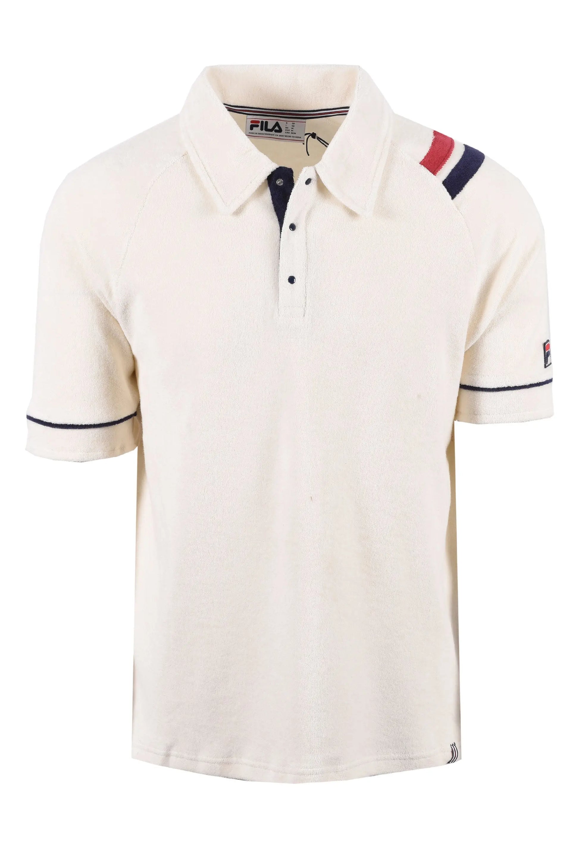 Full length photograph of the Fila Massimo Terry polo showing the bold twin stripes on the left shoulder.