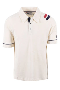 Full length photograph of the Fila Massimo Terry polo showing the bold twin stripes on the left shoulder.