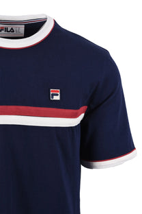 Side picture of the Fila Rosario t-shirt with twin stripe detailing across the chest of the t-shirt and a Fila branded embroidered logo.