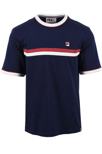 Full photo of the Fila Rosario t-shirt in Navy and gardenia colourway it has the file logo placed upon the chest