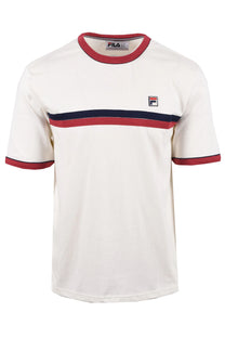 Full photo of the Fila Rosario t-shirt with twin stripe detailing on the front of the t-shirt in the colours Gardenia Garnet red and Fila navy