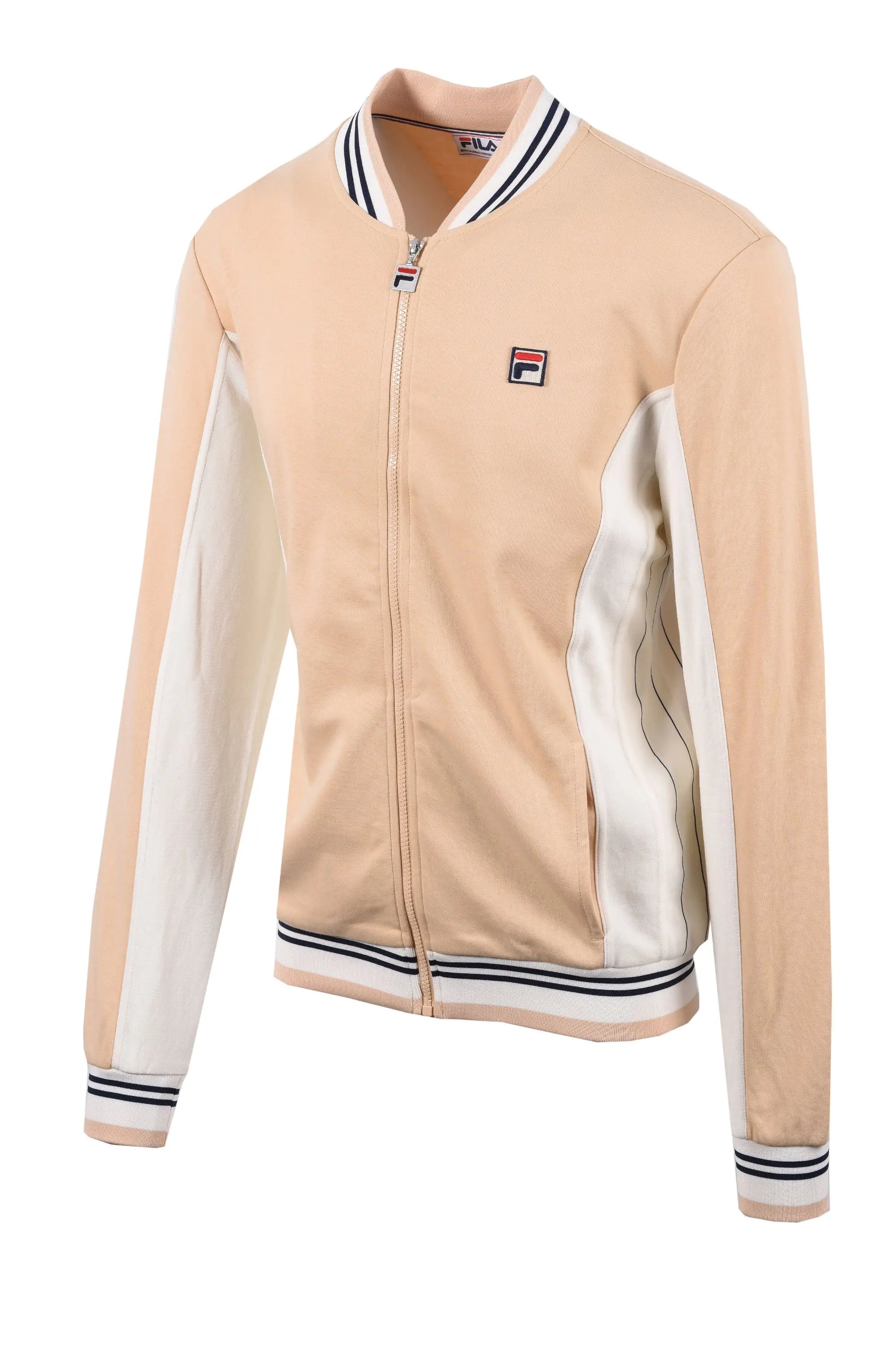 Full length picture of a Fila Settanta track jacket, retro inspired jacket with the Fila logo on the chest.